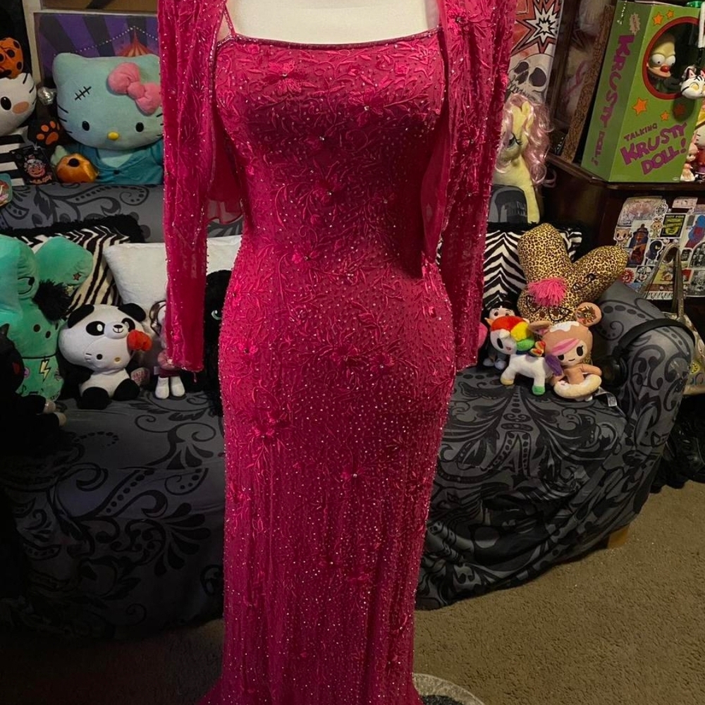 100% Silk Vintage Beaded Gown , Shawl Jacket Included